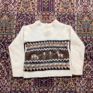 Misti VTG 100% Alpaca Wool V-Neck Sweater Cream Peruvian Llama Intarsia Small